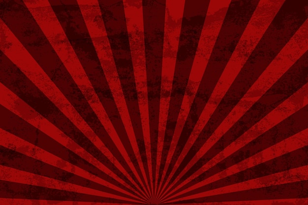 Rode sunburst abstracte retro achtergrond met grunge textuur stralen patroon, vectorillustratie