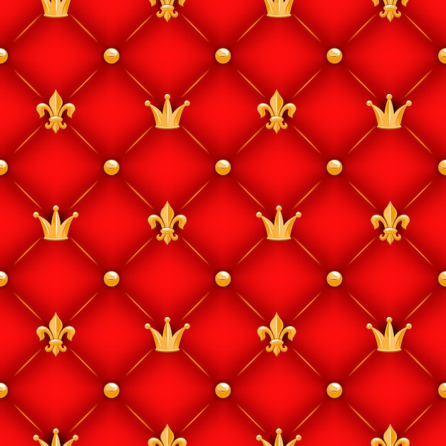 Vector rode textuur met kronen, lelies en knoppen.