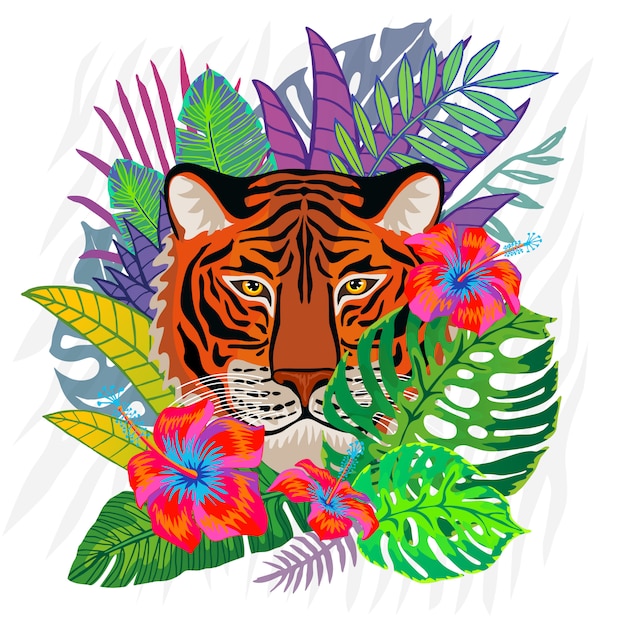 Vector rode tijger hoofd wilde kat in kleurrijke jungle. van regenwoud tropische bladeren tekening als achtergrond. tijgerstrepen karakter kunst illustratie