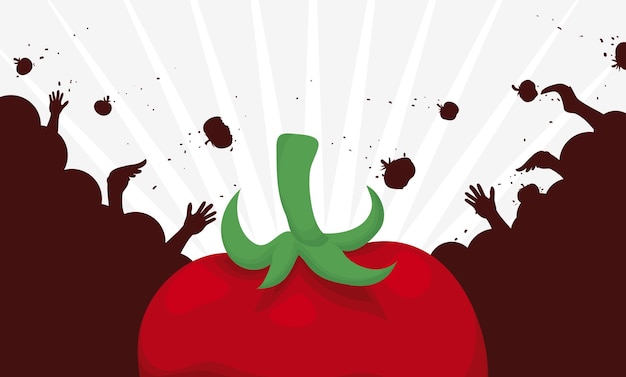 rode tomaat en menigte silhouet tomaten elkaar gooien in Tomatina Festival geschreven in het Spaans