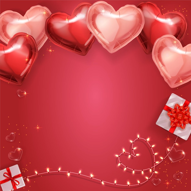 Rode vectorachtergrond rond het thema hartballonnen, geschenken en lichtslingers