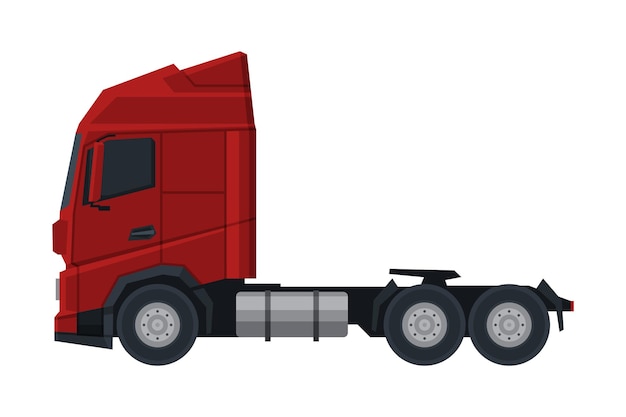 Rode vrachtwagen modern zwaar levervoertuig zijbeeld platte vector illustratie op wit