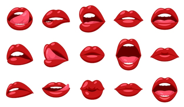 Rode vrouw lippen Lachende lip sexy glans brutale mond Vrouwelijke zoenen close-up gezicht delen Geïsoleerde cartoon girly retro patches opzichtige vector set