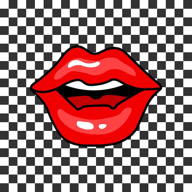 Rode vrouwelijke lippen op een geruite retro achtergrond Vintage illustratie in de jaren 90 pop art stijl Sticker