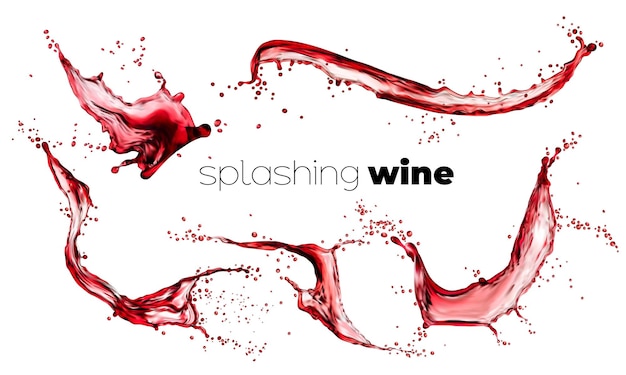 Rode wijn geïsoleerd spatten met druppels vloeibare alcohol drinken swirl Transparante vector golven spatten wervelingen aqua dynamische bewegingselementen met spray druppeltjes Alco drank advertentie realistisch 3D-ontwerp