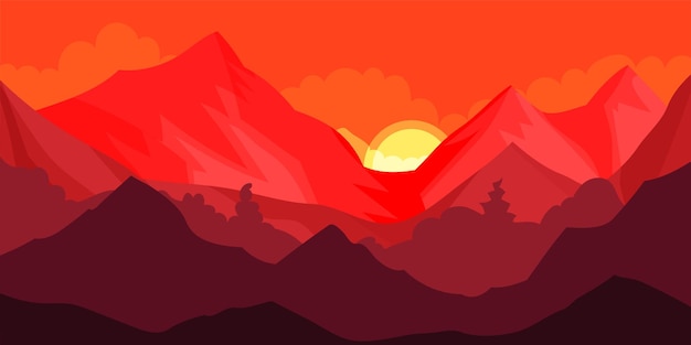 Rode zonsondergang en bergtoppen of toppen horizontaal landschap vector illustratie