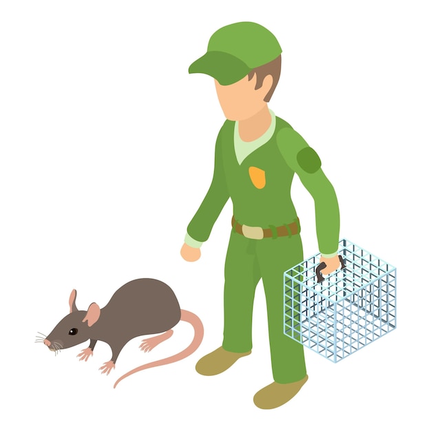 Rodent control icon isometric vector sanitary worker with cage catches grey rat pest control deratization