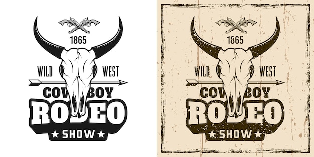 Rodeo show vector emblem, badge, label, logo or t-shirt print in two style monochrome and vintage colored