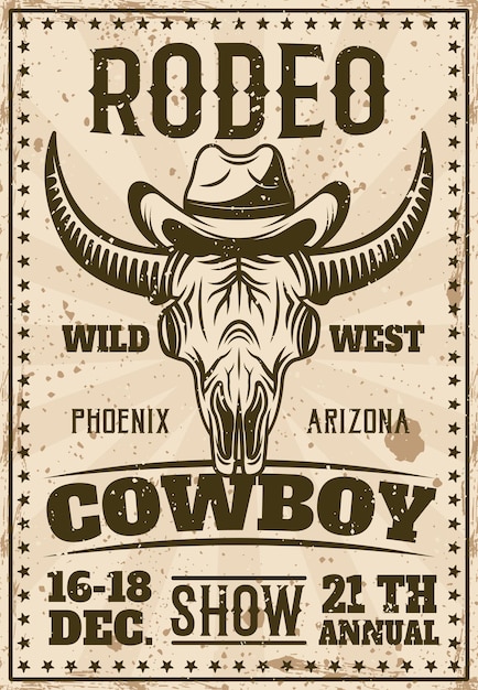 Rodeo mostra poster vintage con teschio di bufalo in cappello da cowboy illustrazione vettoriale texture e testo grunge separati a strati