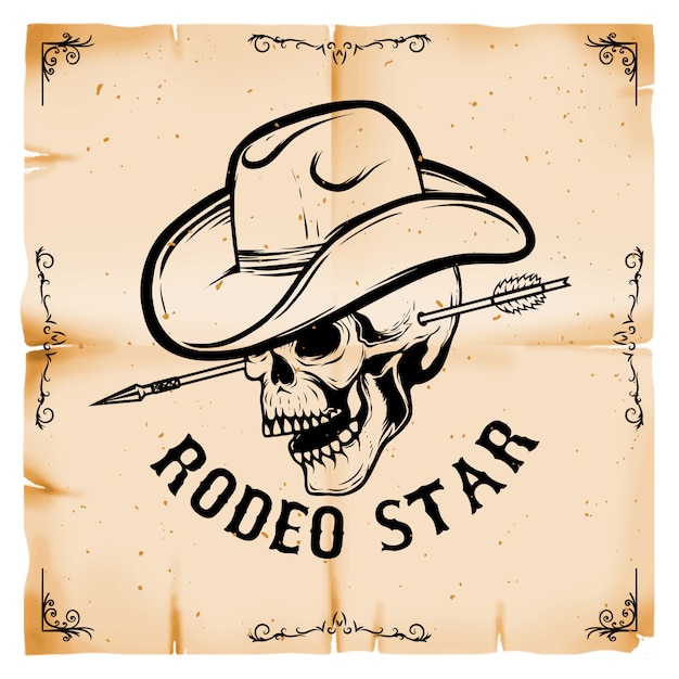 Stella rodeo. cranio del cowboy sul vecchio fondo di stile di carta. elemento per poster, carta. illustrazione