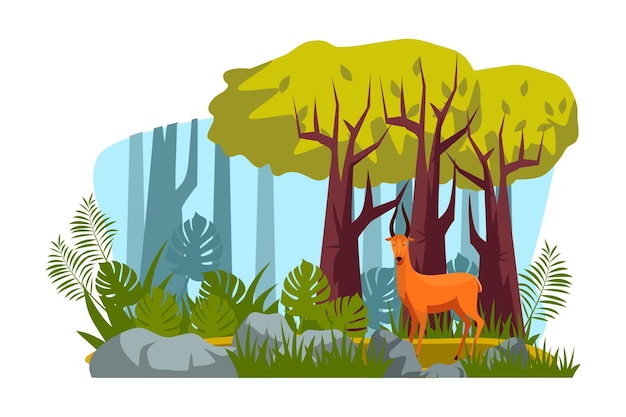 熱帯林に枝角が立っているノロジカの野生動物のキャラクター