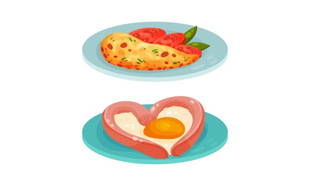 Roerei met worst en omelet geserveerd op een bord met vectoren