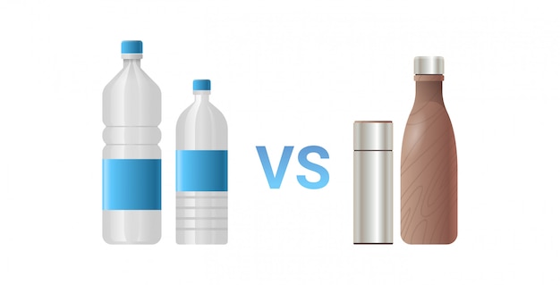 Vector roestvrij versus plastic waterflessen verschillende drankcontainers nul afvalconcept vlakke witte achtergrond horizontale illustratie