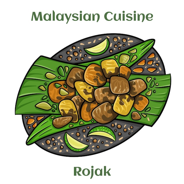 RojakSalad of mixed vegetables and fruits drizzled with sauce comprising local prawn paste sugar and lime Malaysian Cuisine