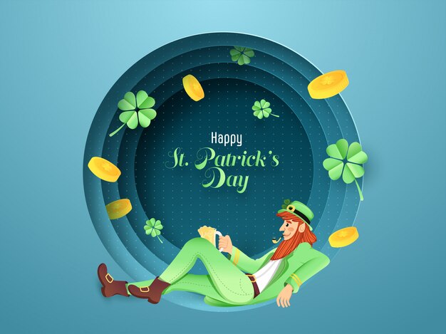 Roker kabouter man zittend met gouden munten en klaverbladeren versierd op blauw papier ronde laag gesneden, gelukkige st. patricks dag kaart