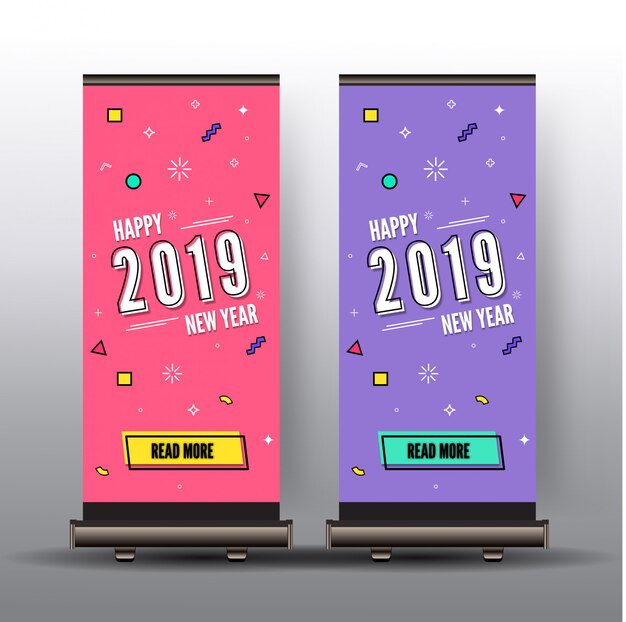Rol memphis stijl gelukkig nieuwjaar 2019 kleurrijk op