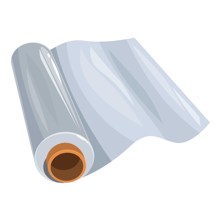 Vector roll of transparent stretch film for packaging goods is being unwound