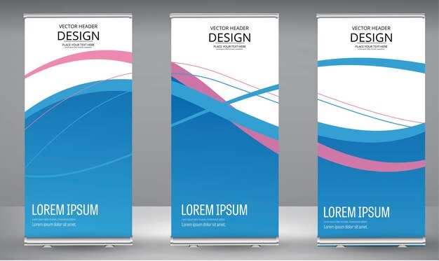 Vettore roll up banner blue pink line wave standee business brochure template design