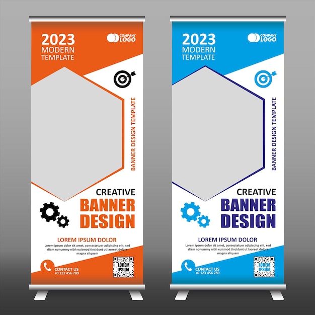 Vettore roll up banner design arancione e blu