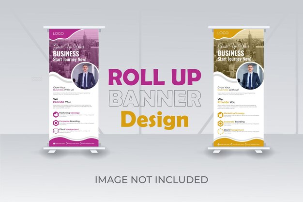 Vector roll up banner design roll up banner mock up design roze en geel blauw roll up banner