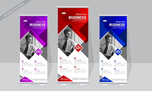 Roll up banner design template with abstract amp 3 colors for corporate event