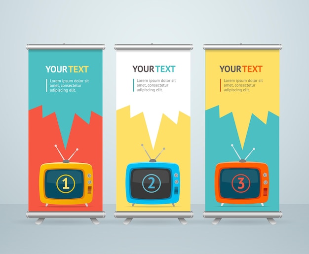 Roll Up Banner Stand Design with Retro Television. Flat Designt.