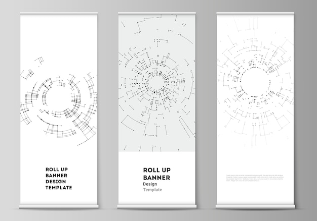 배너 스탠드, 수직 전단지, 깃발 디자인 비즈니스 템플릿 롤업. 네트워크 연결.