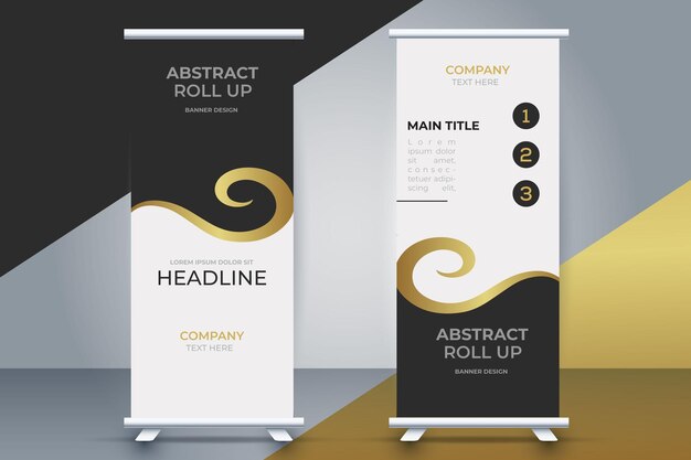 A roll up banner with a black and white background.