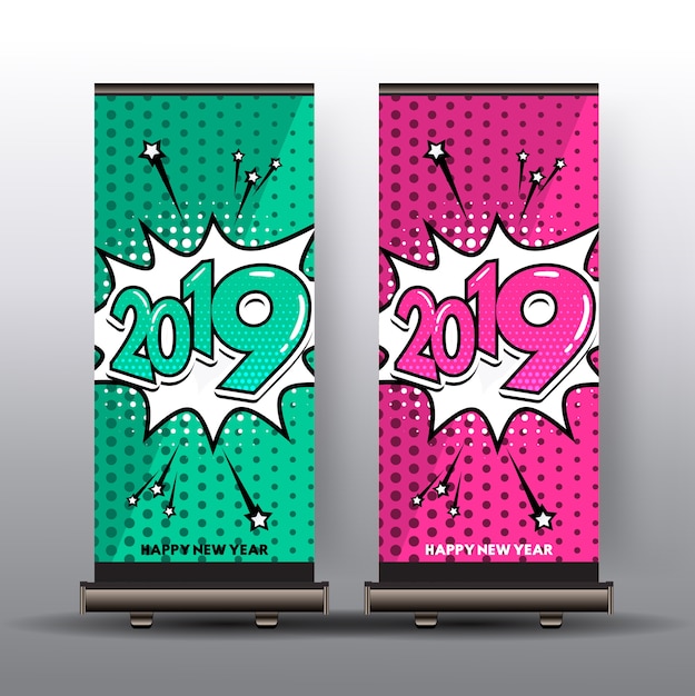 Roll up banner with happy new year 2019 in comic style