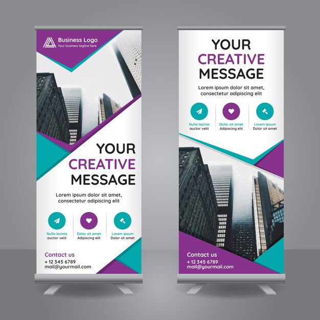 Roll up banner with purple and green polygonal shapes