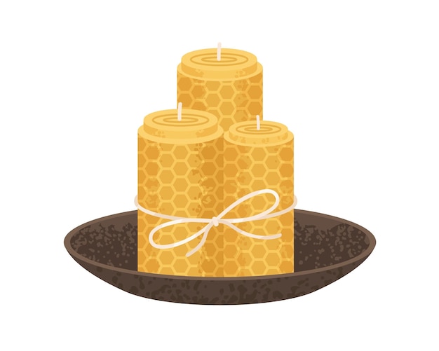 Rolled honeycomb candles in bowl. natural beeswax pillars with honey scent. handmade cosy home interior decoration tied with string. flat vector illustration isolated on white background.