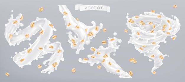 Fiocchi d'avena e spruzzi di latte, icona di vettore realistico 3d