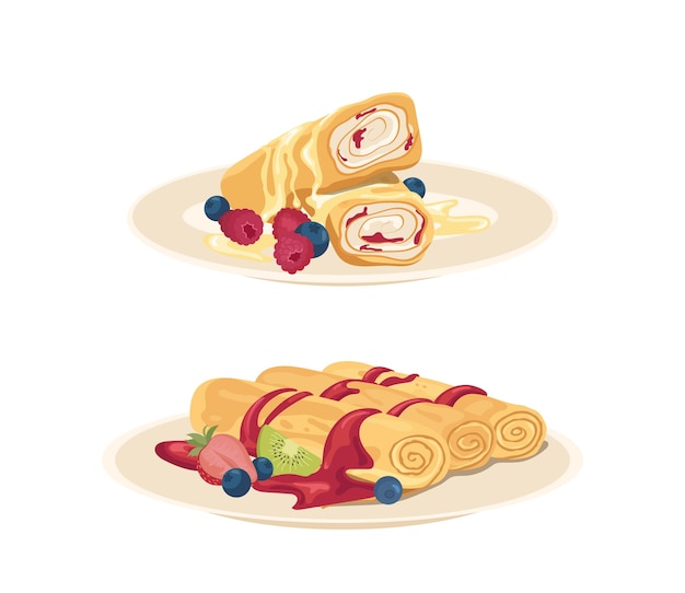 rolled pancakes with strawberry jam cottage cheese filling on ceramic plate vector illustration