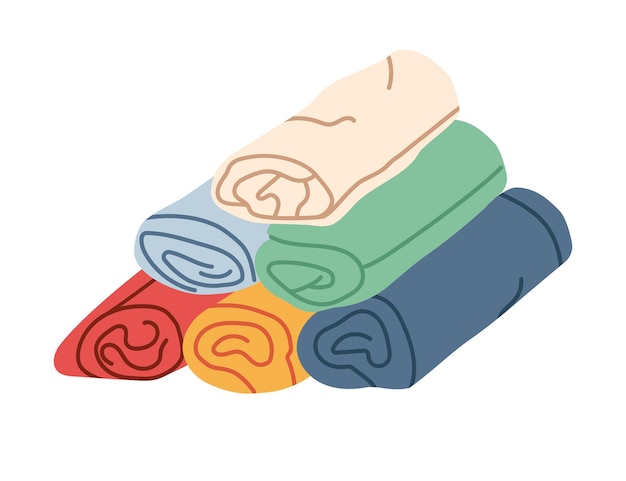 rolled up chlothes on white background tshirt stask in different colors