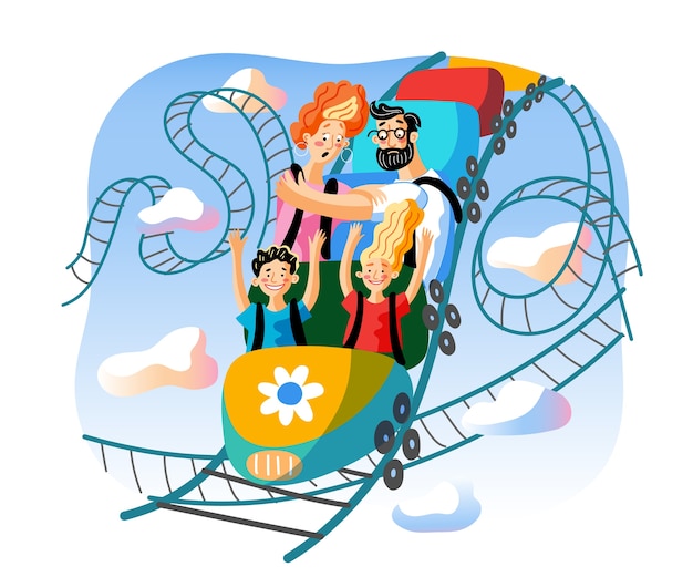 ジェットコースターの乗り物のイラスト 陽気な子供たちと怖い大人の漫画のキャラクター プレミアムベクター