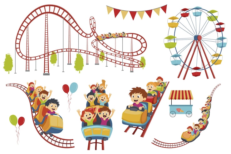 Vector roller coaster set elementen in plat grafisch ontwerp collectie van pretpark en pretfeest carousels gelukkige kinderen rijden op trein attractie reuzenwiel op kermis andere vector illustratie