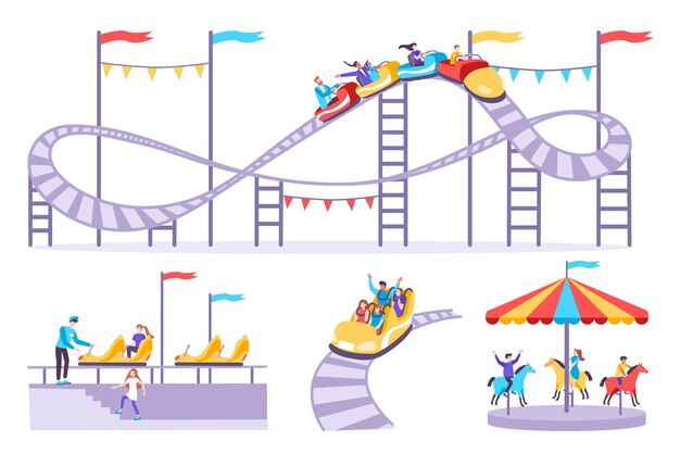 roller coaster set of flat icons with amusement rides isolated images and people on blank background vector illustration