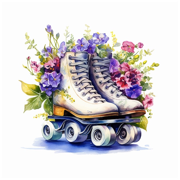 Roller skate with flowers watercolor paint ilustration