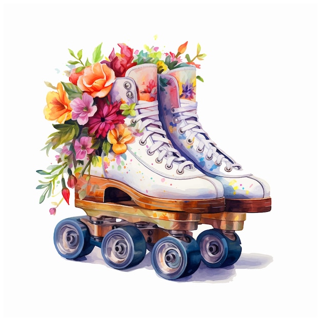花の水彩絵の具のイラストとローラー スケート