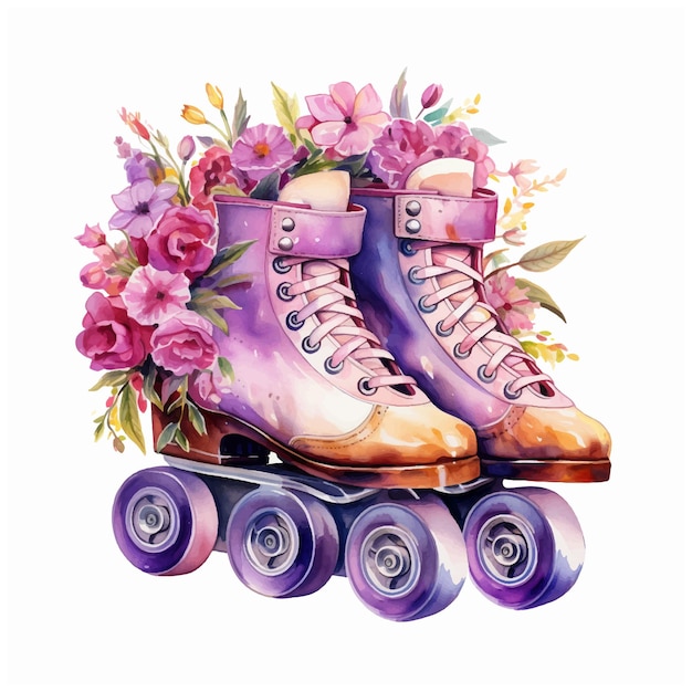 Roller skate with flowers watercolor paint ilustration