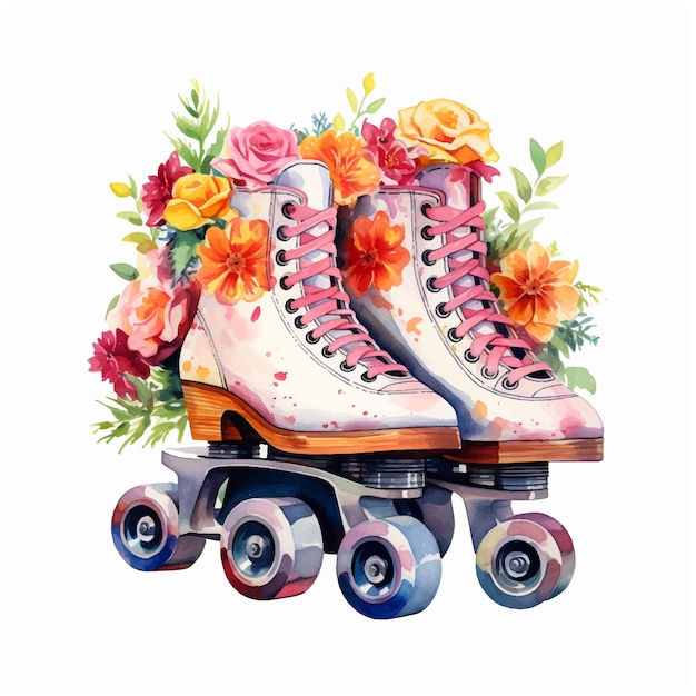 花の水彩絵の具のイラストとローラー スケート