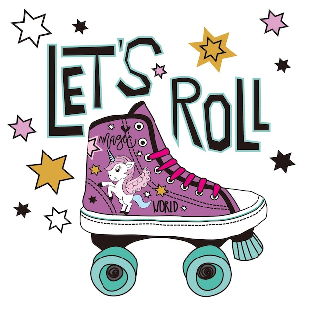 Vector roller skate with unicorn pattern vector illustration tshirt graphics design for girls