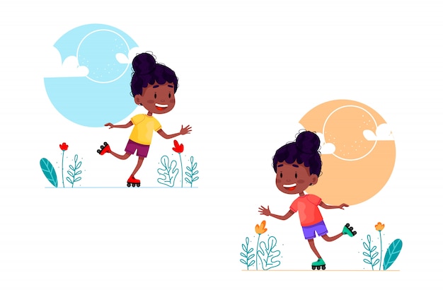 롤러 스케이팅 소녀 만화 일러스트 레이 션. 롤러에 걷는 행복 한 아이. 어린이를위한 여름 방학 야외 활동. 격리 된 흰색 배경에 그림입니다.
