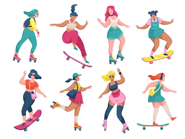 ローラースケートの女の子。若い女性のローラースケートとスケートボード、ローラーブレードとスケートボードのティーンエイジャーアクティブなトレンディな余暇の屋外コレクション、公園での極端なスポーツフラットベクトル分離セット