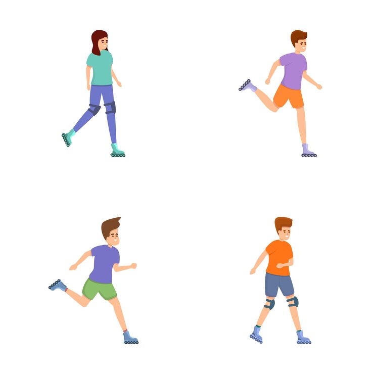Vector rollerblading icons set cartoon vector young people roller skating