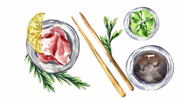 Rolls sushi watercolor illustration asian food restauranr seafood