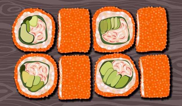 Rolls with cucumber. Vector collection on dark wooden background. Traditional japanese cuisine.