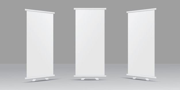 Rollup banner stand geïsoleerd op een witte achtergrond Vector lege weergave set mockup sjabloon voor pr