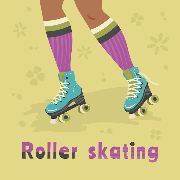 Rolschaatsen Jonge vrouw of tiener schaatst op rolschaatsen Old school hand getekend ontwerp Trendy poster in jaren 90 80 70 stijl Vrijheid levensstijl hobby concept Platte vectorillustratie