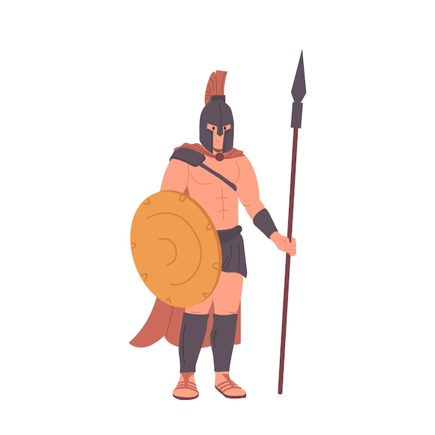 Roman centurion character from Bible story wear armor with spear and round shield on white